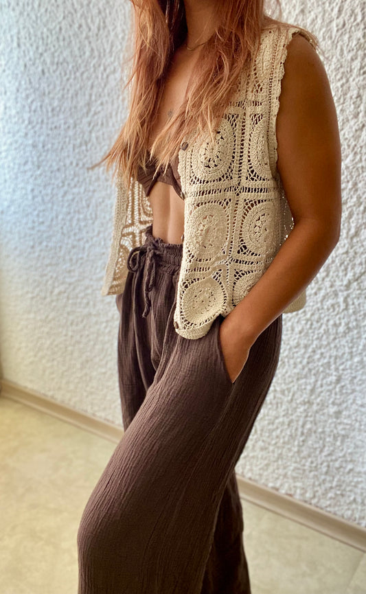 Aswan | Pantalon en gaze de coton chocolat : Le confort absolu